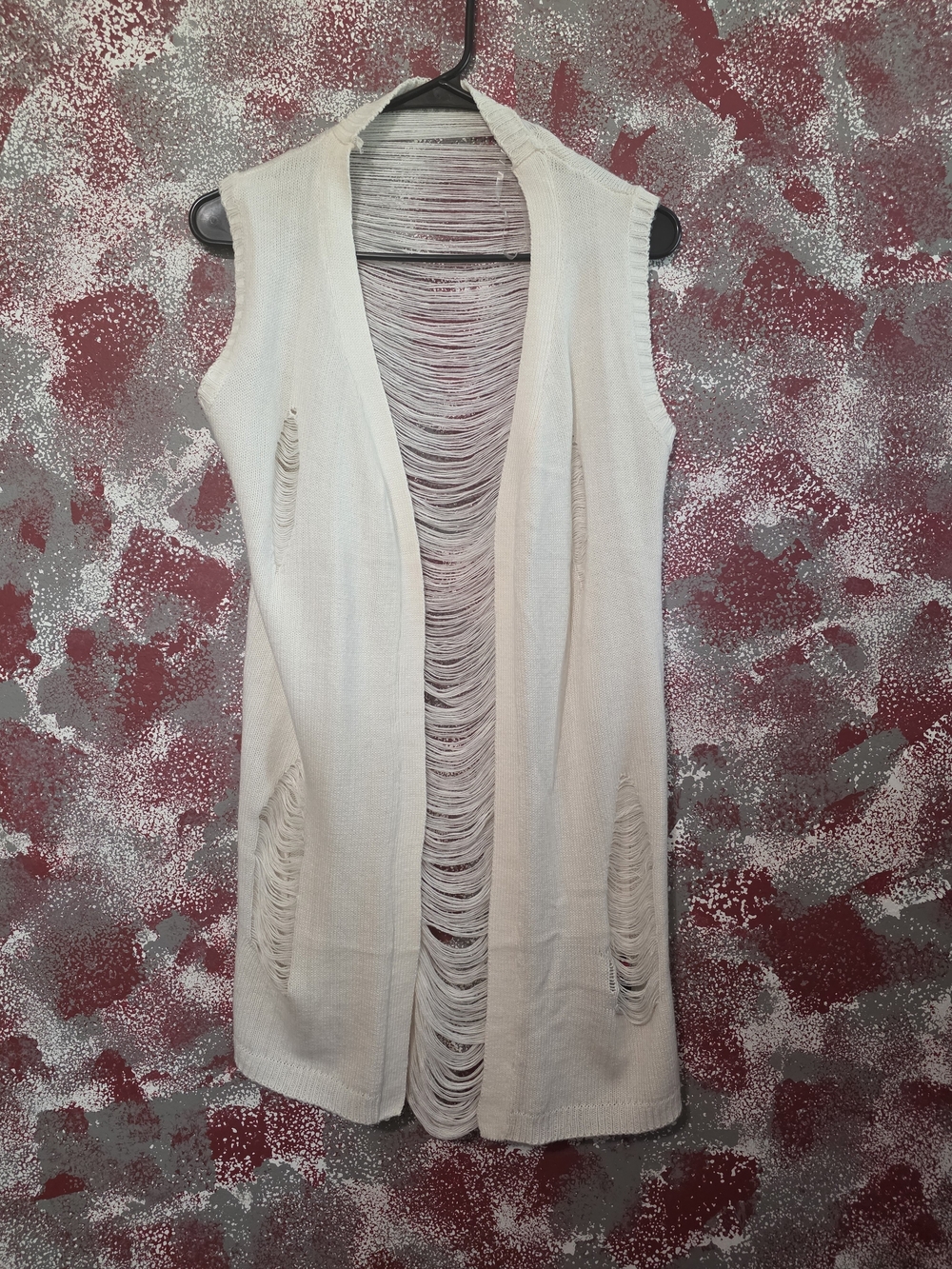 Runway 7 Light Cream Distressed Open-Front Sleeveless Cardigan